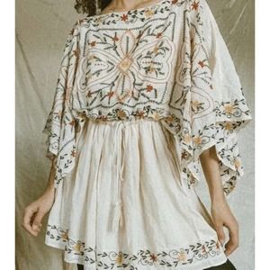 FREE PEOPLE Womens Embroidered Ivory Batist Frida Shear Gauze Mini Dress Sz L